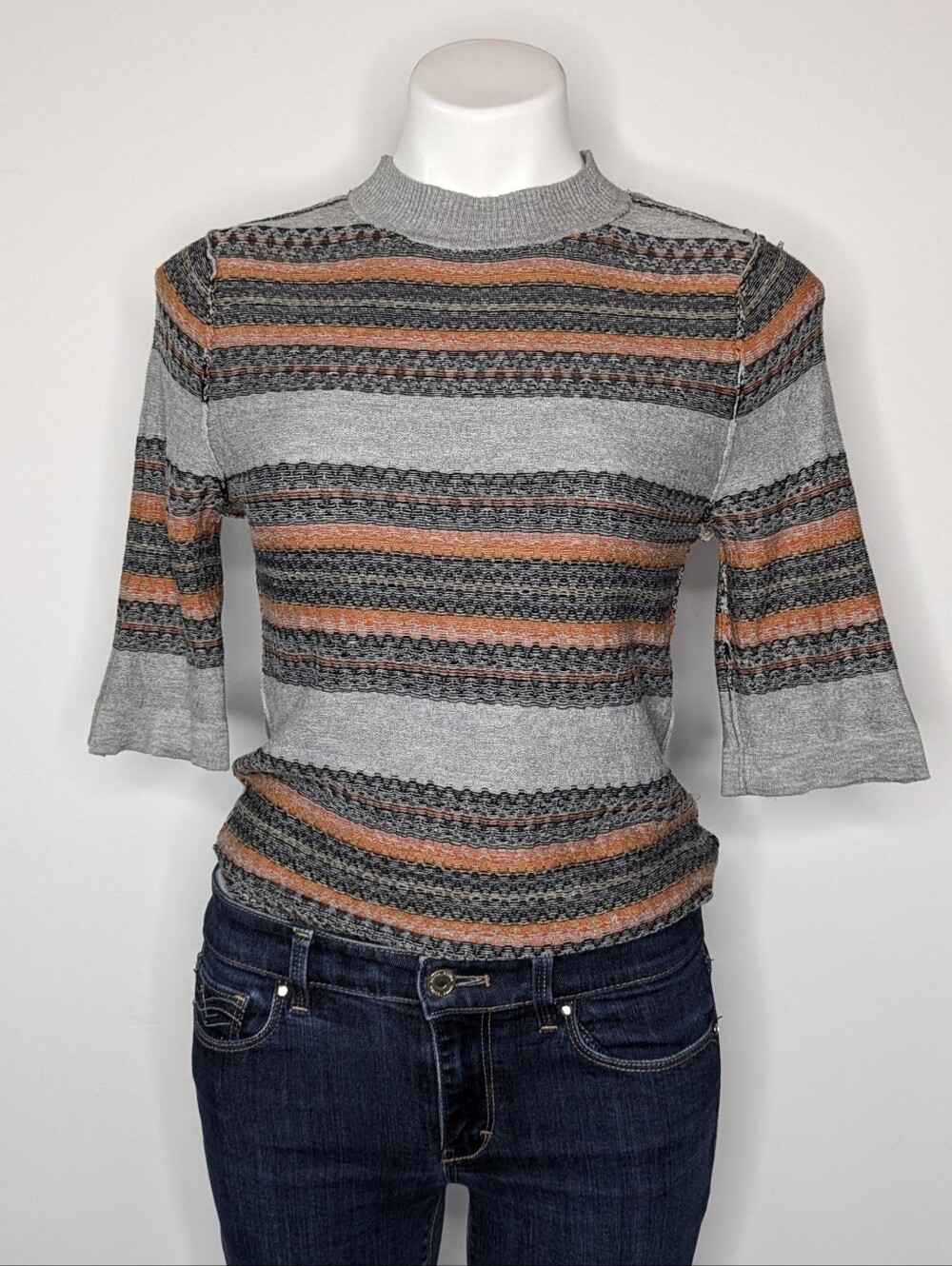 Free People Winter Warmer Grey Brown Knit Short Sleeve Sweater Bodysuit L